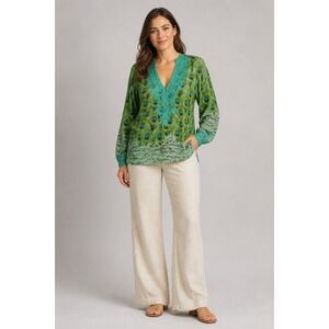 SOL Crochet Trim Tunic Top Womens Large Peacock Feather Print Cotton Green Blue